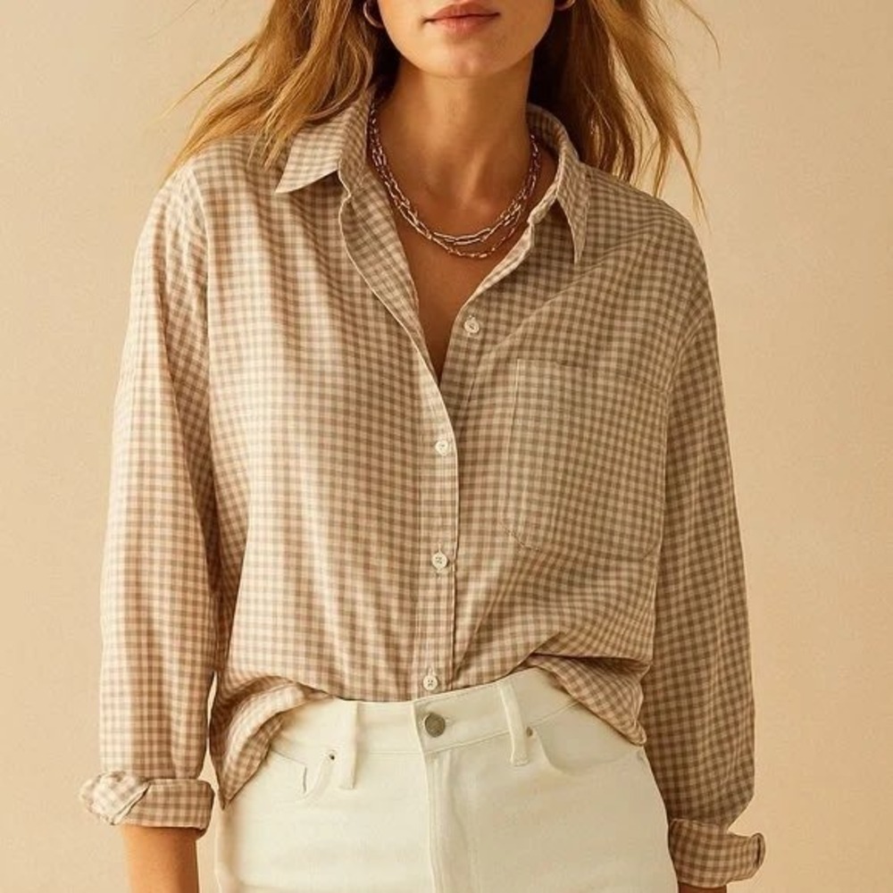 Unsubscribed Tan Gingham Boyfriend Button Down Shirt M NWT 100% Cotton
